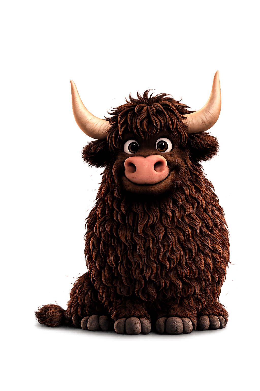 Der freundliche Stier mit seinem dunklen, zotteligen Fell