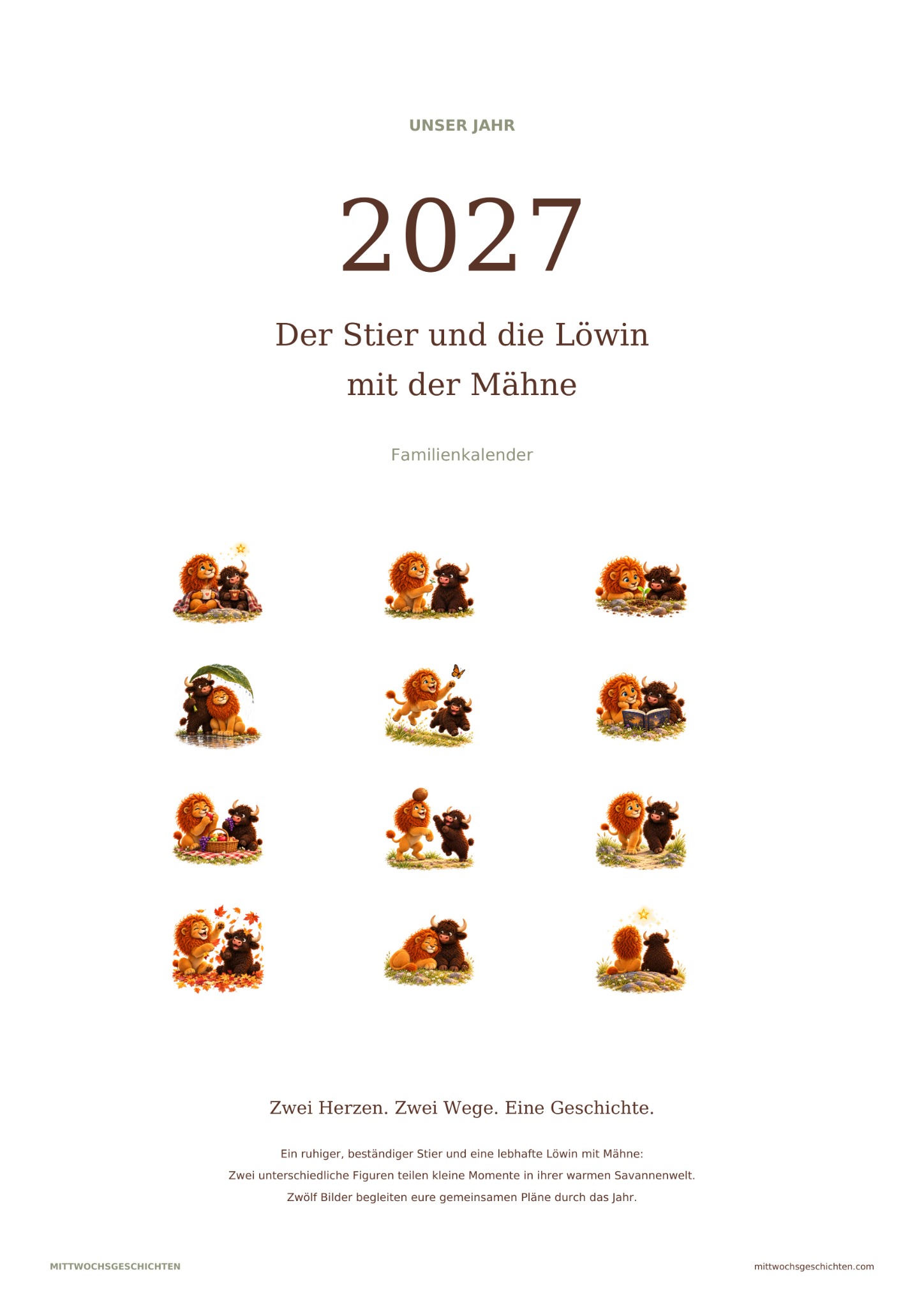 Deckblatt des Familienkalenders 2027: Der Stier und die Löwin mit der Mähne