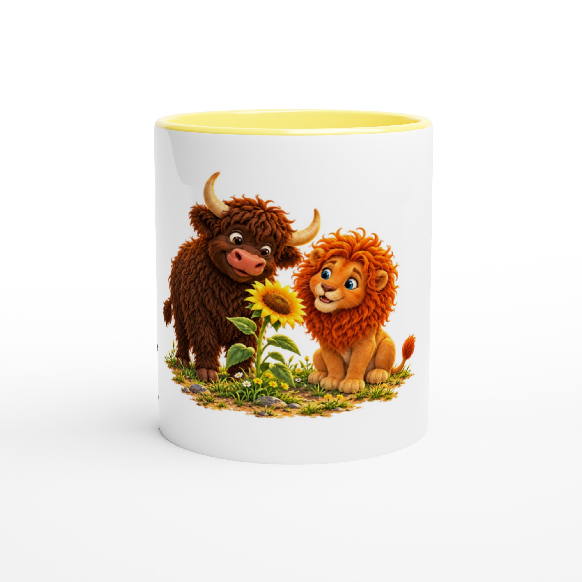 Tasse Sonnenblumenglück mit Stier und Löwin und gelber Innenseite