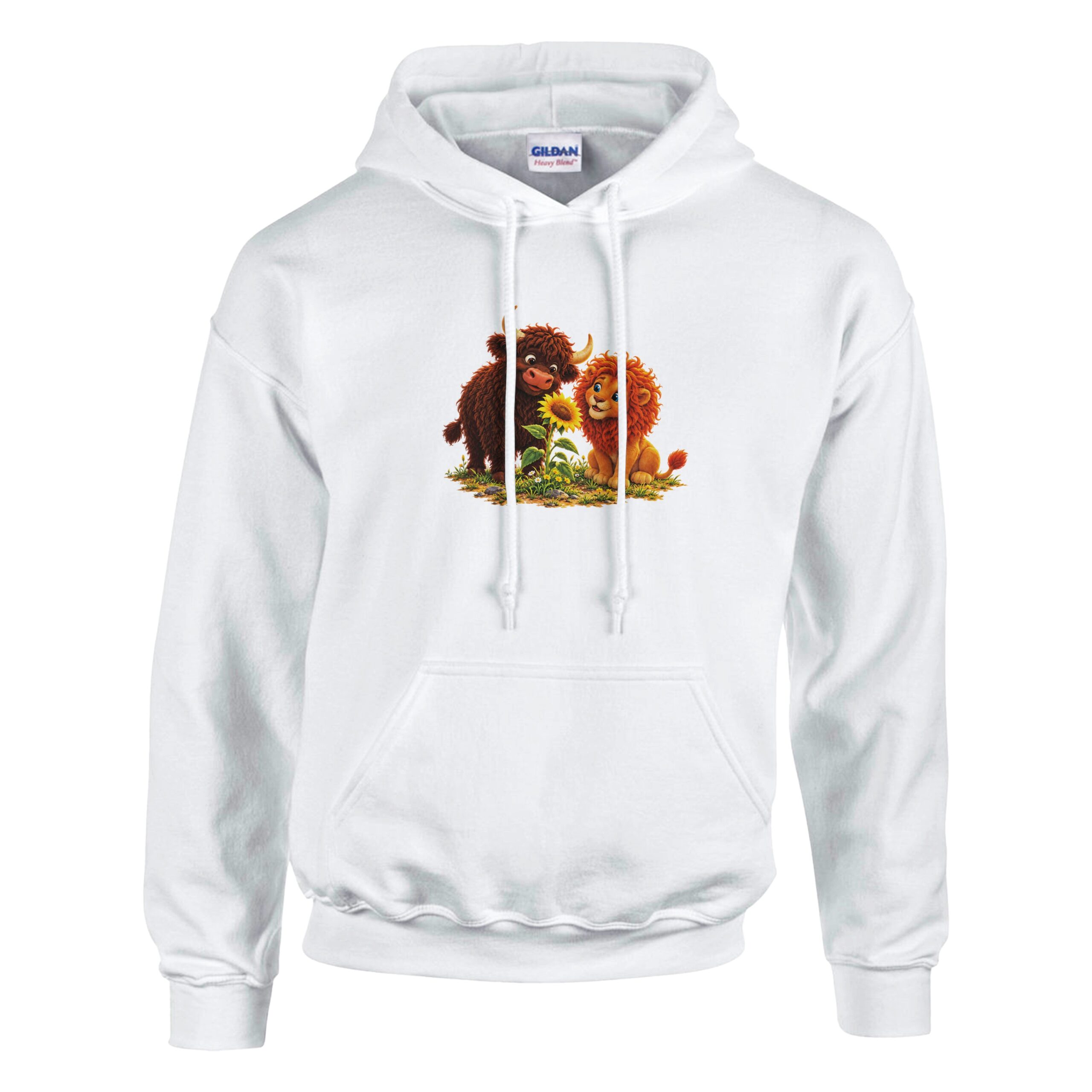 Weißer Hoodie Sonnenblumenglück mit Stier und Löwin