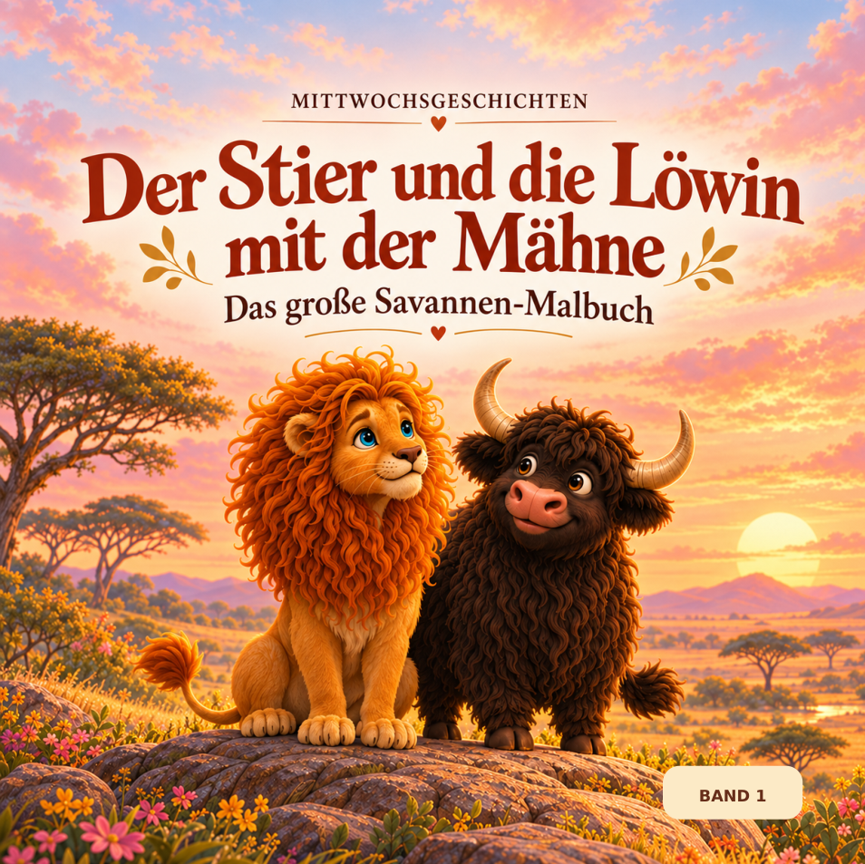 Das große Savannen-Malbuch – Band 1, Der Stier und die Löwin mit der Mähne