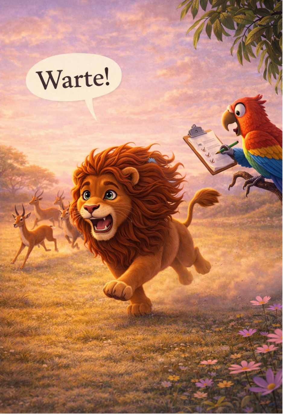Buchillustration: Die Löwin mit wilder Mähne läuft durch die Savanne und ruft „Warte!“. Ein Papagei mit Klemmbrett sitzt auf einem Ast.